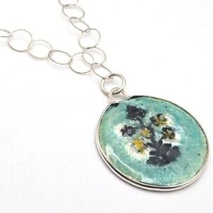 Sterling Silver Enamel Necklace Artisan Handcrafted Chain Boho Floral Pendant